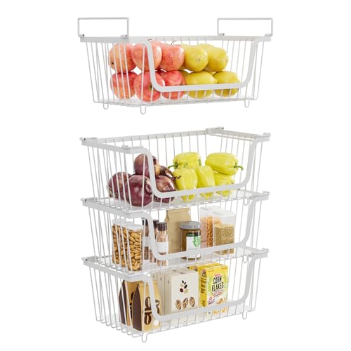4 Pack Stackable Wire Baskets with Handles for Pantry Organizers and Storage, Fruit and Vegetable wire storage baskets, Potato and Onion Storage Bin, Metal Baskets for Organizing Snacks, Cans (White) - color: White