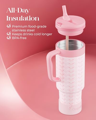 40 oz Insulated Tumbler with Handle and Push-Button Straw Lid, Stainless Steel Travel Cup for Gym Office, Leakproof, BPA-Free, Cup Holder Friendly, Bow Silicone Boot, Pink (Coquette Blush) - color: Coquette Blush
