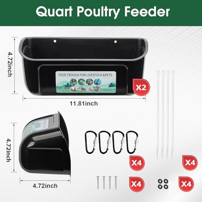 PIREKZUNT 2 Pack Chicken Duck Feeder, Poultry Feeders and Waterers, Hanging Goat Feeder, Livestock Feeding Container, Feed Trough and Waterer Bucket with Clips(Black) - color: 2 Pack Black