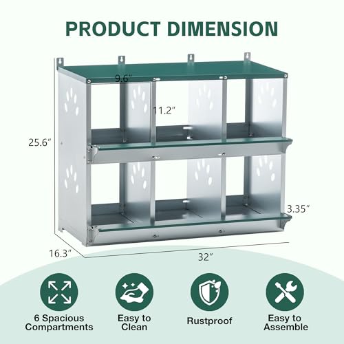 6 Compartment Metal Chicken Nesting Box with Roll Away Egg Collection 32×16×25in,Wall Mountable Large Hen Laying Box with Vented Holes,6 Houses Coop Roosting Boxes Fit for Different Poultry Breeds - size: 32×16×25in