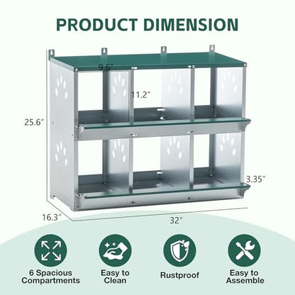 6 Compartment Metal Chicken Nesting Box with Roll Away Egg Collection 32×16×25in,Wall Mountable Large Hen Laying Box with Vented Holes,6 Houses Coop Roosting Boxes Fit for Different Poultry Breeds - size: 32×16×25in