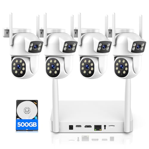 CAMCAMP Home Security Camera System Wireless Outdoor, 4 Cameras Dual-Lens PTZ with 10CH NVR & 500GB HDD, 24/7 Recording, Motion Detection Auto Tracking, Color Night Vision, 2-Way Audio, 355° PTZ, IP66