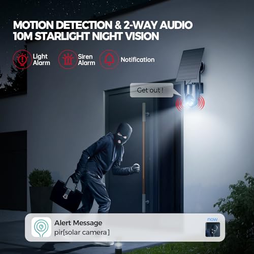 Solar Powered Outdoor Security Camera, 360° View Solar Powered WiFi, 2K HD, Night Vision, Motion Detection, Black