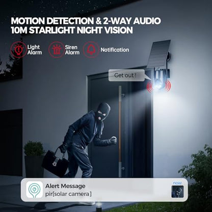 Solar Powered Outdoor Security Camera, 360° View Solar Powered WiFi, 2K HD, Night Vision, Motion Detection, Black