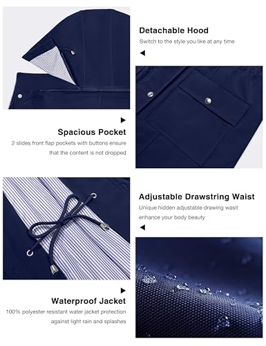Bloggerlove Rain Jacket Women Lightweight Raincoat Waterproof Windbreaker Striped Climbing Outdoor Hooded Trench Coats S-XXL - color: Navy Blue, size: Small