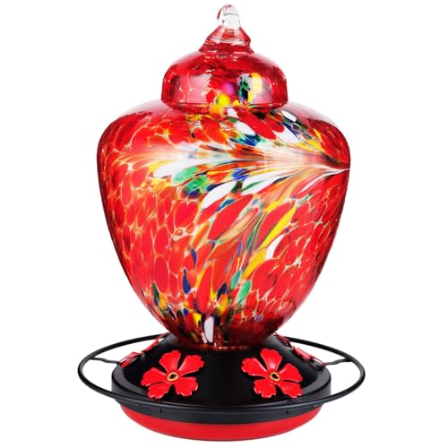 REZIPO Hummingbird Feeder with Perch - Hand Blown Glass - 38 Fluid Ounces Hummingbird Nectar Capacity Include Hanging Wires and Moat Hook (Red-fire) - color: Red-fire