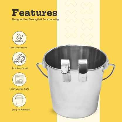 9 quart Stainless Steel Flat Sided Bucket with Dual Hooks | 2.25 gal Food & Water Bowl for XL Dog Goat Sheep Cattle Horse & Livestock | Fits kennel Crate Cages Farm | Hanging Utility Pail - size: 9 Quart