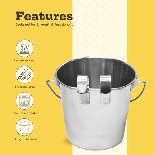 6 quart Stainless Steel Flat Sided Bucket with Dual Hooks | 1.5 gal Durable Food & Water Bowl for XL Dog Goat Sheep & Livestock | Fits kennel Cage Critter Crate | Hanging Utility Pet Pail - size: 6 Quart