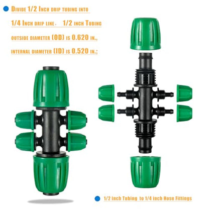 10 Pcs 1/2 to 1/4 inch Garden Hose Tubing Irrigation Fittings,6-Way Anti-Leak 1/2'' to 1/4'' Locked Barbed Drip Irrigation Tee Connectors (1/2"IDx0.6-0.63"OD) 1/2'' to 1/4'' Irrigation Tubing Fitting - size: 10 PCS 1/2" to 1/4" 6-Way Connectors