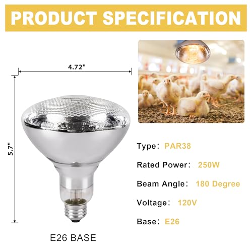 250 Watt Heat Lamp Bulbs for Chickens, PAR38 Clear Glass Brooder Heat Lamp, Infrared Reflector Heat Bulbs for Pets, Bathroom, Food, Light Therapy 2 Pack
