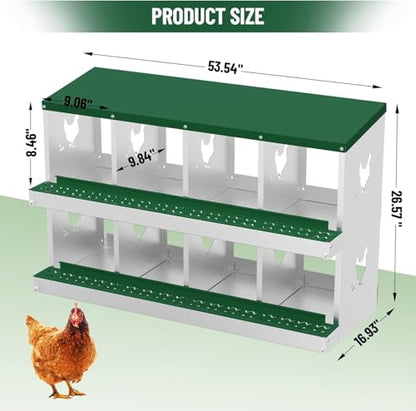 8-Room Galvanized Metal Chicken Nesting Boxes - Rustproof Poultry Laying Boxes with Perch Rod & 8 Fake Training Eggs, Durable Hen Nest Boxes for Chicken Coops, Easy to Clean, Hens Laying Eggs, Green