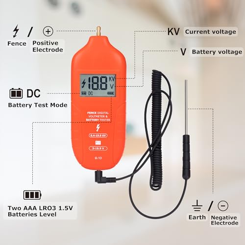 Electric Fence Tester Fault Finder Digital Electric Fence Voltage Tester Max 19.9kv, Fence Voltage Tester with Large LCD Display, Grounding & 1.5V Battery Included