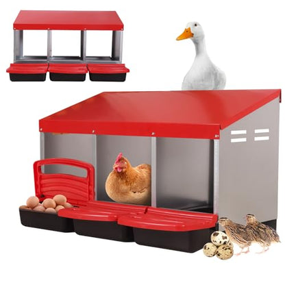 Chicken Nesting Boxes, 3 Compartments Egg Collection with Removable Drawer, Chicken Metal Laying Nest Box for Hens, Easy to Assemble, for Chicken Coop, Red - color: Red