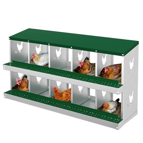 Chicken Nesting Box, 10 Hole Chicken Nesting Box, Metal Chickens Laying Boxes with Perch, Metal Roll Away Eggs Laying Boxes, Versatile Wall Mount or Free Standing for Chickens - color: green, size: 10 holes