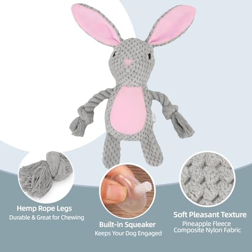 Bunny Dog Toy with Rope Arms – Squeaky Plush Rabbit for Small & Medium Dogs, Soft Chew & Tug Toy for Interactive Play, Easter Puppy Toy Gift - color: Grey