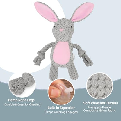Bunny Dog Toy with Rope Arms – Squeaky Plush Rabbit for Small & Medium Dogs, Soft Chew & Tug Toy for Interactive Play, Easter Puppy Toy Gift - color: Grey