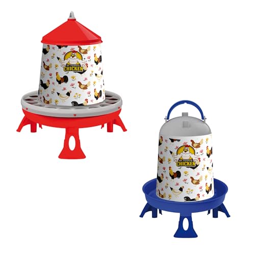 My Favorite Chicken 4kg Feeder & 5L Drinker with Legs - Large Chicken Feeder & Waterer, Floral Design, BPA-Free, Easy Clean, Blue