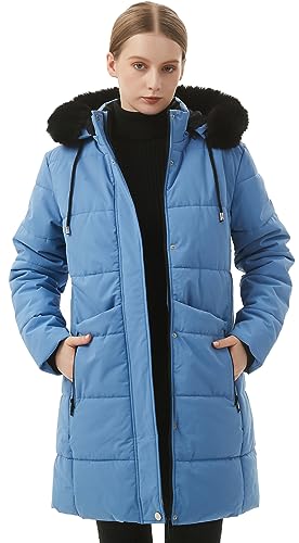 MOERDENG Women's Winter Puffer Coat Thicken Fleece Lined Down Jacket Waterproof Faux Fur Detachable Hooded Parka - color: Denim Blue, size: Large