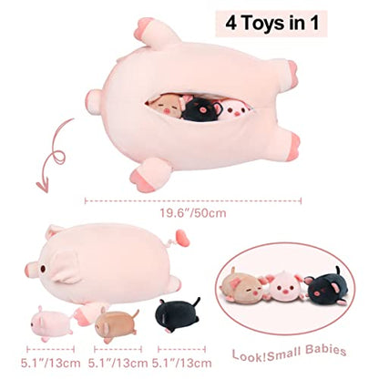 Achwishap Pig Stuffed Animal Mommy 19.6” with 3 Pig Babies Plush,4 PCS Cute Pig Plushie Pillow,Kawaii Plush Toys Soft Hugging Pillow for Kids Girls Boys Birthday Gifts Plushies(Pink Pig Family) - color: Pink Pig-mother and Kids