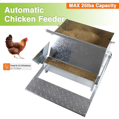 Chicken Feeder Galvanized 25Lbs Capacity Weatherproof Treadle Chicken Feeder Rodent Proof - size: 25Lbs Feeder