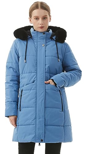 MOERDENG Women's Winter Puffer Coat Thicken Fleece Lined Down Jacket Waterproof Faux Fur Detachable Hooded Parka - color: Denim Blue, size: X-Large
