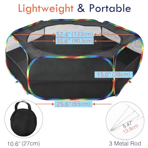 Pawaboo Small Animals Playpen, Waterproof Small Pet Cage Tent with Zippered Cover, Portable Outdoor Yard Fence with 3 Metal Rod for Chick/Kitten/Puppy/Guinea Pig/Rabbits/Hamster, Black + Rainbow - color: Black + Rainbow