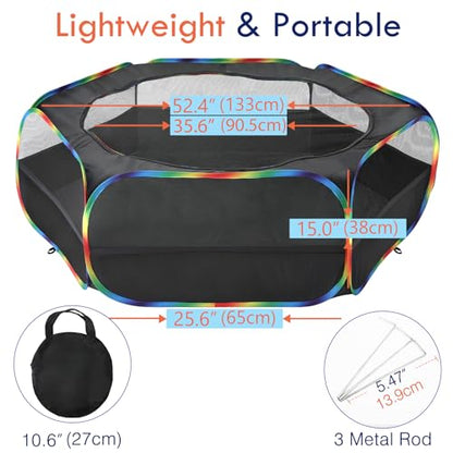 Pawaboo Small Animals Playpen, Waterproof Small Pet Cage Tent with Zippered Cover, Portable Outdoor Yard Fence with 3 Metal Rod for Chick/Kitten/Puppy/Guinea Pig/Rabbits/Hamster, Black + Rainbow - color: Black + Rainbow