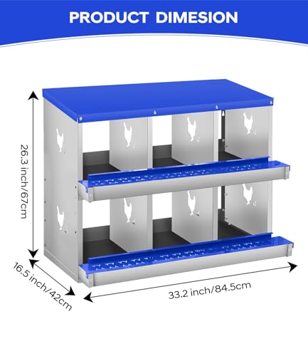 6 Compartment Chicken Nesting Boxes, Metal Roll Away Egg Laying Boxes with Removable Tray & Lid Cover, Chicken Coop Nest Box for Hens, Egg Protection Design (Without Legs) Blue - color: Blue, size: 6 hole - without leg