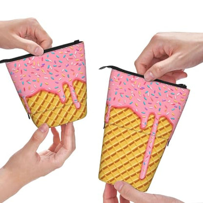 Ice Cream Kids Standing Pencil Case Girls Boys Telescopic Stationary Pouch with Zipper Large Capacity Stand up Pen Bag Portable Makeup Holder for Children School Students Office Supplies - color: Ice cream