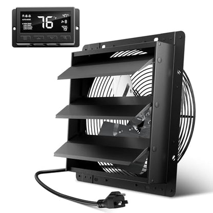 Hon&Guan Shutter Exhaust Fan, 12-Inch Wall Mount Attic Fan with Temperature Humidity Controller, 10-Speed Adjustable, 971 CFM, for Ventilation and Cooling in Greenhouses, Garages, Chicken Coops - color: Black, size: 12 Inch