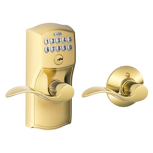 Schlage Camelot Keypad Lock with Lever Handle, Electronic Keyless Door Entry, Auto‑Lock Enabled, Bright Brass, FE575 CAM 505 ACC - color: Bright Brass, size: Accent Lever