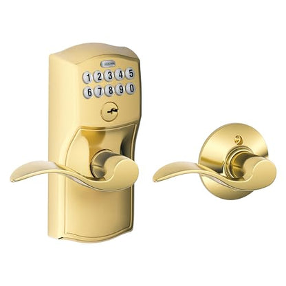 Schlage Camelot Keypad Lock with Lever Handle, Electronic Keyless Door Entry, Auto‑Lock Enabled, Bright Brass, FE575 CAM 505 ACC - color: Bright Brass, size: Accent Lever