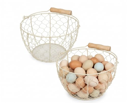 2 Pcs Egg Basket With Handle,Wire Egg Basket for Gathering Fresh Eggs, Round Egg Collecting Basket for Farm,Vintage Style Chicken and Duck Eggs Basket Egg Countertop Storage Container Holder ﻿ - color: Beige