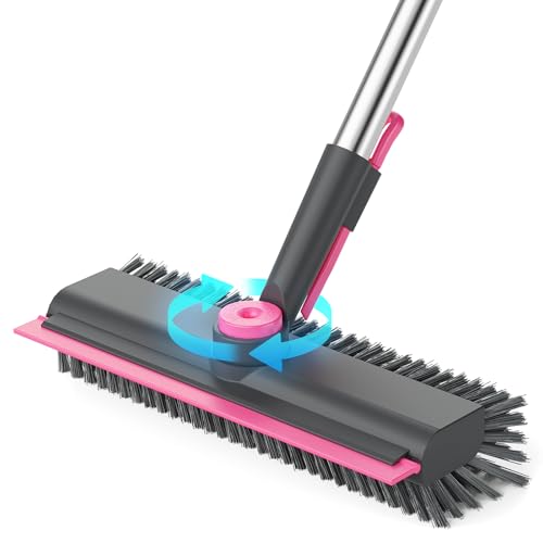 Floor Scrub Brush with Long Handle, 3 in 1 Multi-angle Swivel Right Angled Bristle Floor Scrubber Brush with Squeegee and Tweezer for Tile Wall Deck Bathroom Patio Garage Kitchen (Pink and Grey) - color: Pink and Grey