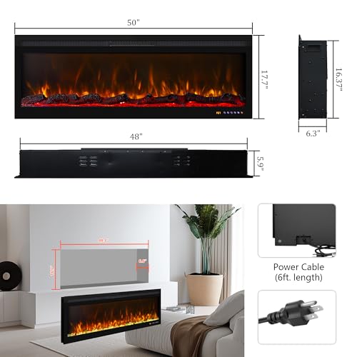 50 Inch Smart Electric Fireplace Insert with Heater, Recessed or Wall Mounted, Remote and App Control, 9H Timer, Adjustable Realistic Flame Effects, 1500W Heater - size: 50 Inch WiFi