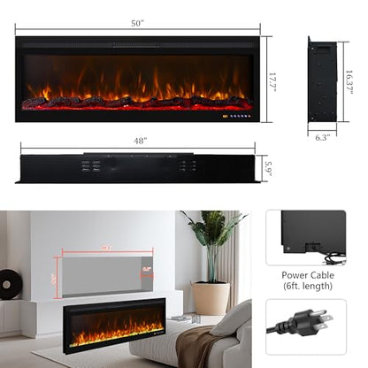 50 Inch Smart Electric Fireplace Insert with Heater, Recessed or Wall Mounted, Remote and App Control, 9H Timer, Adjustable Realistic Flame Effects, 1500W Heater - size: 50 Inch WiFi