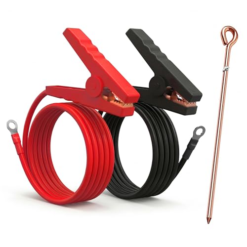 Electric Fence Jumper Leads with Alligator Clips 6.6ft - 10,000V Rated Tinned Copper Wire Connectors with Premium TPU Insulated Cables for Fence Energizer, Solar Charger - 1 Set + Grounding Rod - size: 1 Set (Red + Black Leads) + 1 Grounding Rod