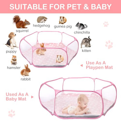 VitalCozy Hamster Playpen with Mat Small Animal Cage Tent Breathable Transparent Guinea Pig Playpen Waterproof Portable Yard Fence Mat Foldable Exercise Playpen Outdoor Indoor (Pink,Star) - color: Pink
