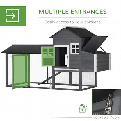 PawHut 84" Wooden Chicken Coop, Hen House Outdoor with Run Nesting Box, Asphalt Roof, Removable Tray, Ramp, Poultry Cage for 2-3 Chickens, Gray - color: Gray