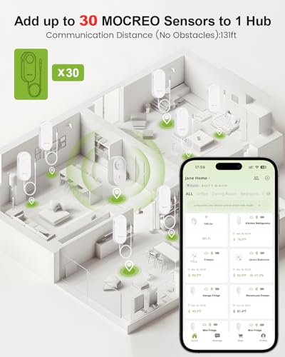 MOCREO WiFi Thermometer Freezer Alarm, Email Alert, App Notification, Data Record Export, No Subscription Fee, 2 Remote Wireless Temperature Sensors for Refrigerator, Freezer, Hot Tub - style: 1 No LCD Hub + 2 Sensors