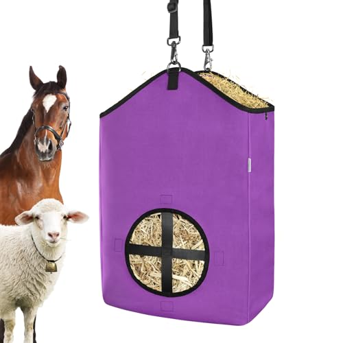 Hay Bags,Slow Feed Hay Bags for Horses,Goats,Donkeys with Reinforced Oxford Fabric and High Strength Metal Clasp,Horse Feeding Supplies with Strap for Easy Hanging (1 Purple) - color: 1 Purple