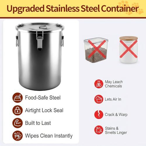 304 Stainless Steel Dog Food Storage Container, 25LB/30LB Airtight Pet Food Container with Locking Lid & Silicone Seal, Large Metal Food Storage Bin for Dry Dog/Cat Food, Rice, Flour (25 LBS) - size: 25 LBS