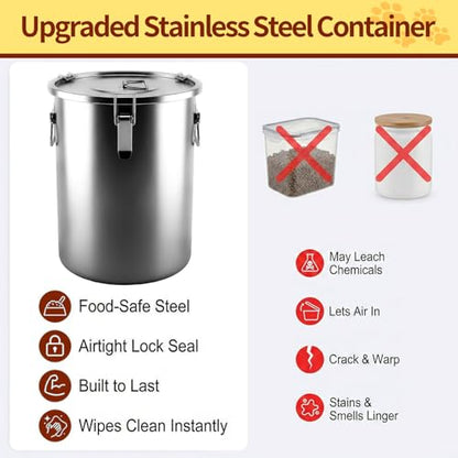 304 Stainless Steel Dog Food Storage Container, 25LB/30LB Airtight Pet Food Container with Locking Lid & Silicone Seal, Large Metal Food Storage Bin for Dry Dog/Cat Food, Rice, Flour (25 LBS) - size: 25 LBS