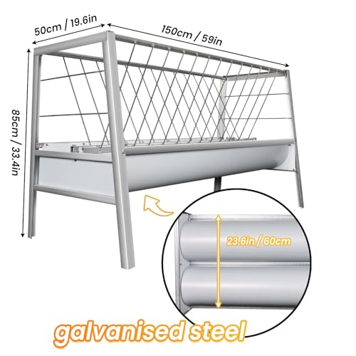 99 Gallon Pasture Hay Feeder, 2 in 1 Stainless Steel Goat Hay Feeder with Deeper Feeding Pan for Goat Sheep Horse, Detachable Livestock Feeder Ease of Assembly in Farm Outdoor (slivery galvanizing) - color: slivery galvanizing
