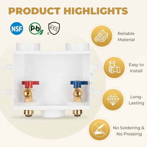 Push-Fit Washing Machine Outlet Box, 1/2-Inch Push Fit x3/4-Inch MHT with Center Drain, Washer Faucet Recessed Box, Laundry Washer Valve Outlet Box, with 2 Disconnect Clips - color: Push Fit/Optimized