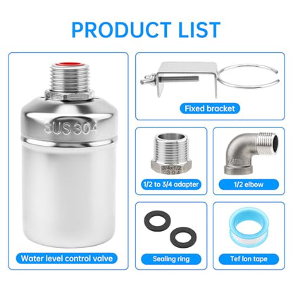 2 Pack Water Float Valve,1/2" to 3/4'' 1'' 304 Stainless Steel Fully Automatic Water Level Controller Float Valve