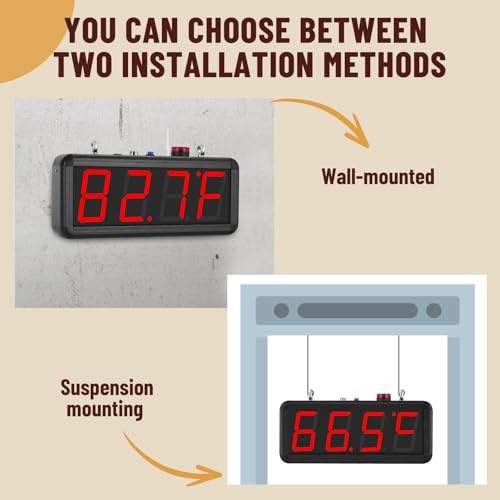 JIAWANSHUN 4" Large LED Industrial Temperature Display, -58℉-212℉ ±0.9℉, ℃/℉ Adjustable Thermometer with Flashing Alert & Independent Switch, for Lab, Aquarium & Freezer