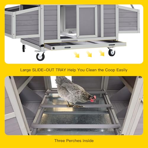 Aivituvin Chicken Coop with Wheels Large Poultry House with Two Nesting Boxes Outdoor Wooden Hen cage - color: Grey, size: 67.0"L x 39.8"W x 49.5"H