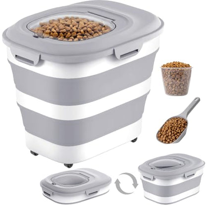 30 Lbs Dog Food Storage Container with Wheels, Collapsible Pet Food Storage Container with Clear Window, Measuring Cup & Scoop, BPA Free Cat Food Container for Rice, Flour, Grain, Bird Seed - color: Grey/30lbs
