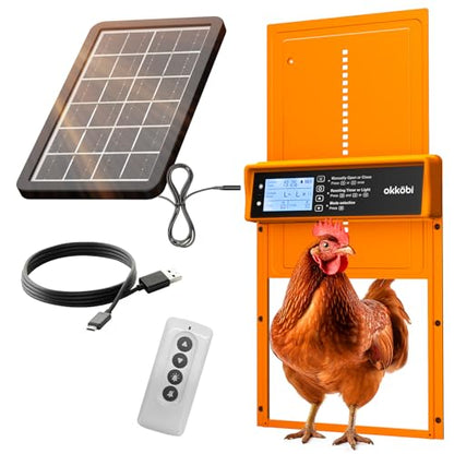 Okkobi Automatic Chicken Coop Door Solar Powered - LCD Display - Chicken Coop Door with Remote Control, Light Sensor & Timer - Anti-Pinch Function - 5-Year Protection - Autumn Ember - color: Autumn Ember